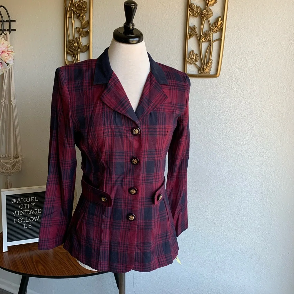 Vintage Prophecy Burgundy and Navy Plaid Blazer